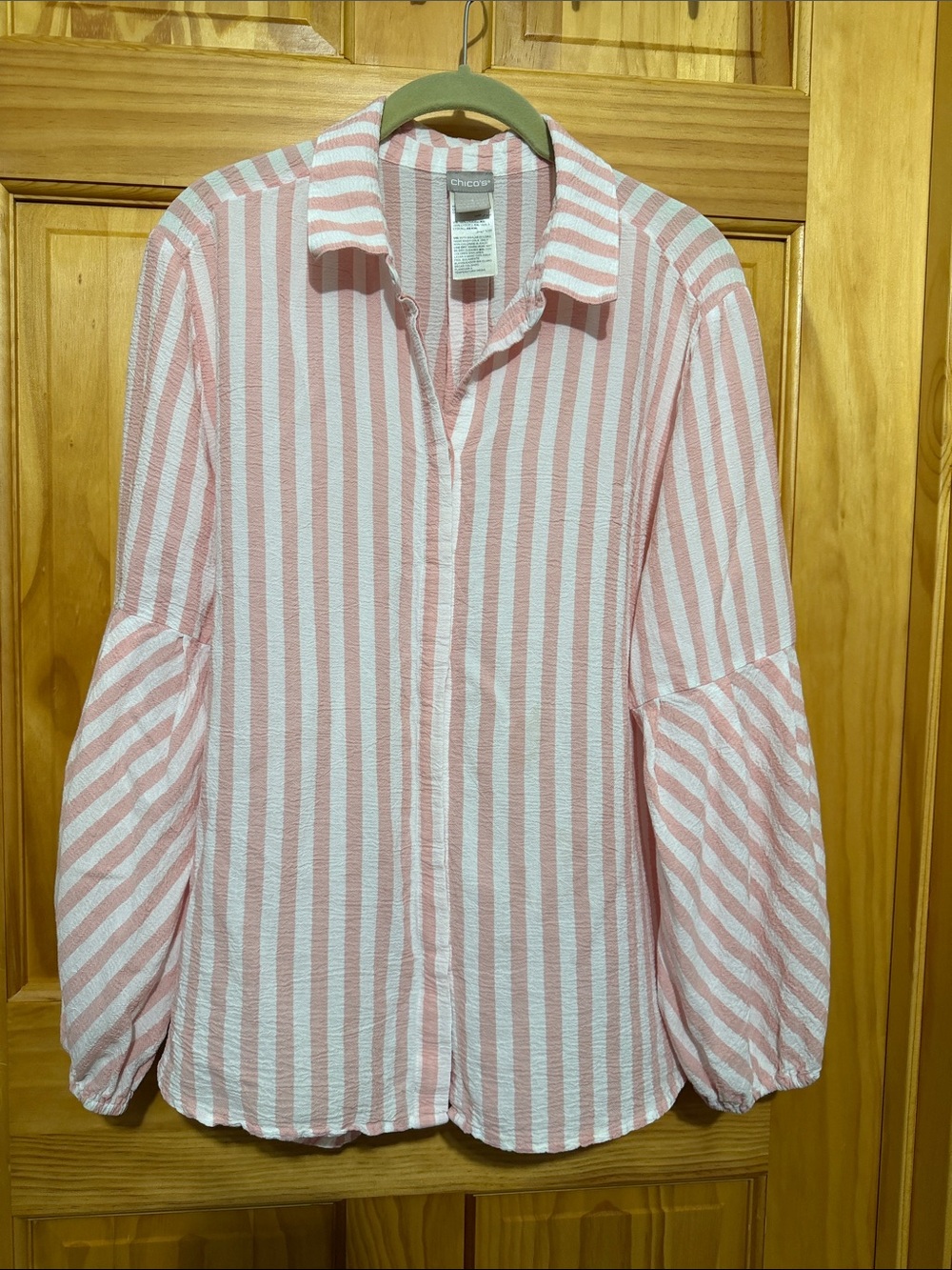 Chico's Peach & White Vertical Stripe Button Up Blouse, Balloon Sleeves. 16/18